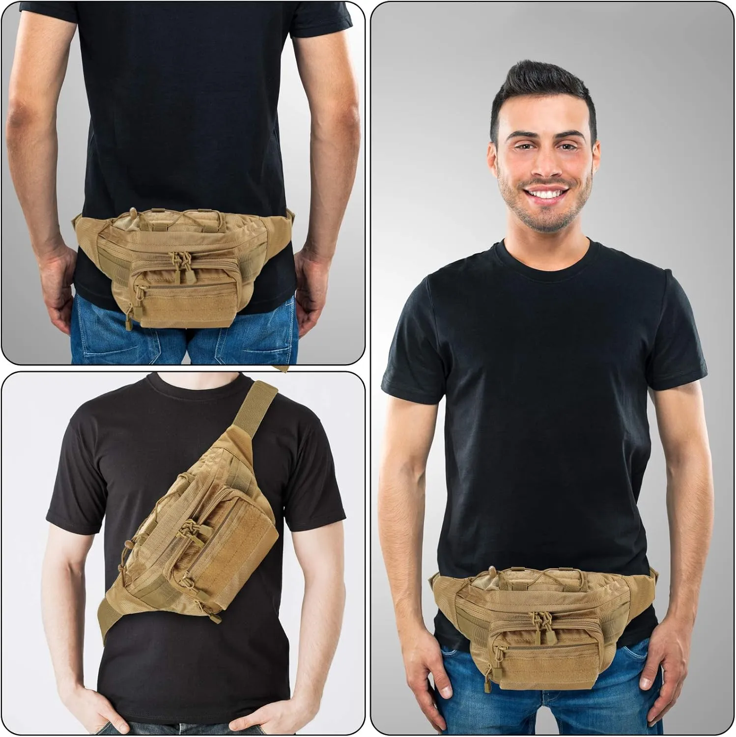Tactical Fanny Pack Military Waist Bag Pack with USA Flag Patch Utility Hip Pack with Adjustable Strap for Outdoors Fishing Cycling Camping Hiking Dog Walking (Tan 2)