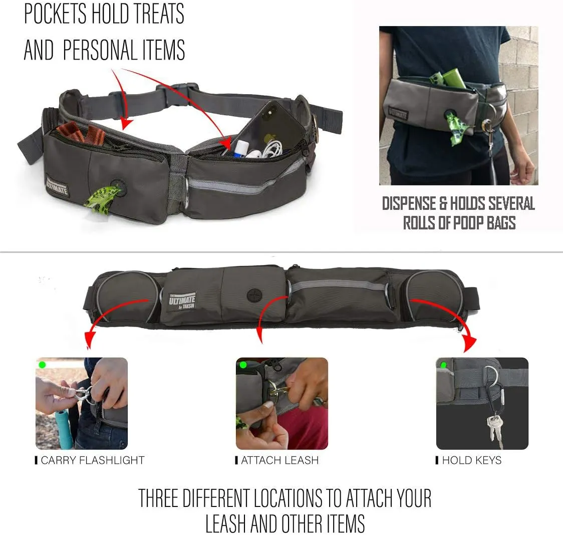 TAKSIN The Ultimate Hands Free Two Dogs Double Leash System for Walking Running Hiking Training, Reflective Bungee Leash, Treat Holder, Poop Bag Dispenser Small Medium Large Dogs (Grey Deluxe Pack)