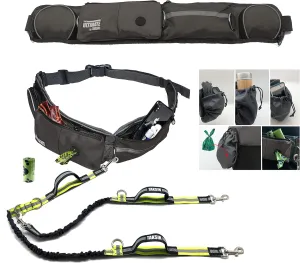 TAKSIN The Ultimate Hands Free Two Dogs Double Leash System for Walking Running Hiking Training, Reflective Bungee Leash, Treat Holder, Poop Bag Dispenser Small Medium Large Dogs (Grey Deluxe Pack)