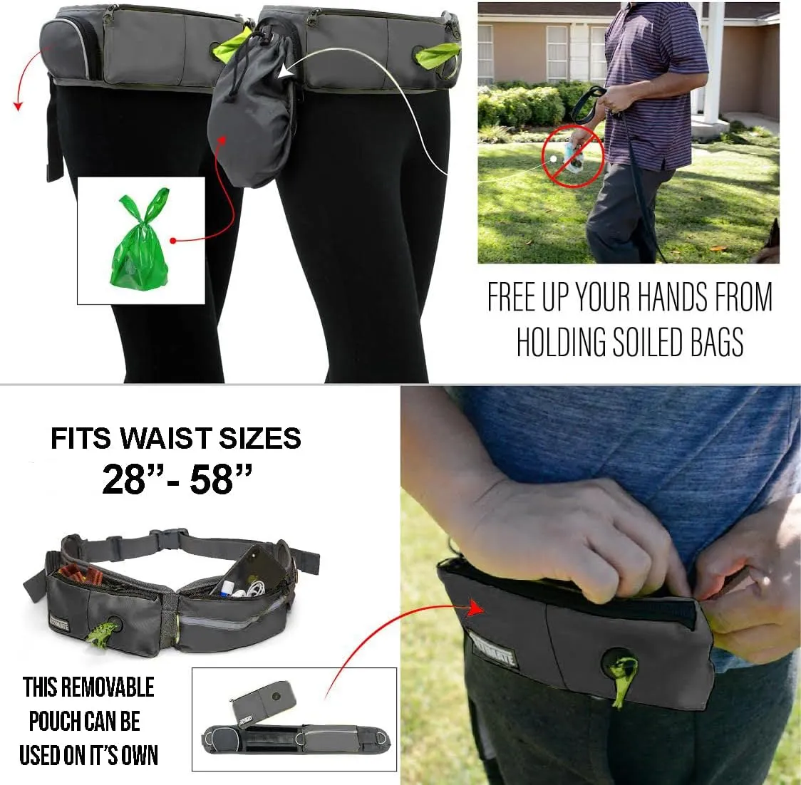 TAKSIN The Ultimate Hands Free Two Dogs Double Leash System for Walking Running Hiking Training, Reflective Bungee Leash, Treat Holder, Poop Bag Dispenser Small Medium Large Dogs (Grey Deluxe Pack)