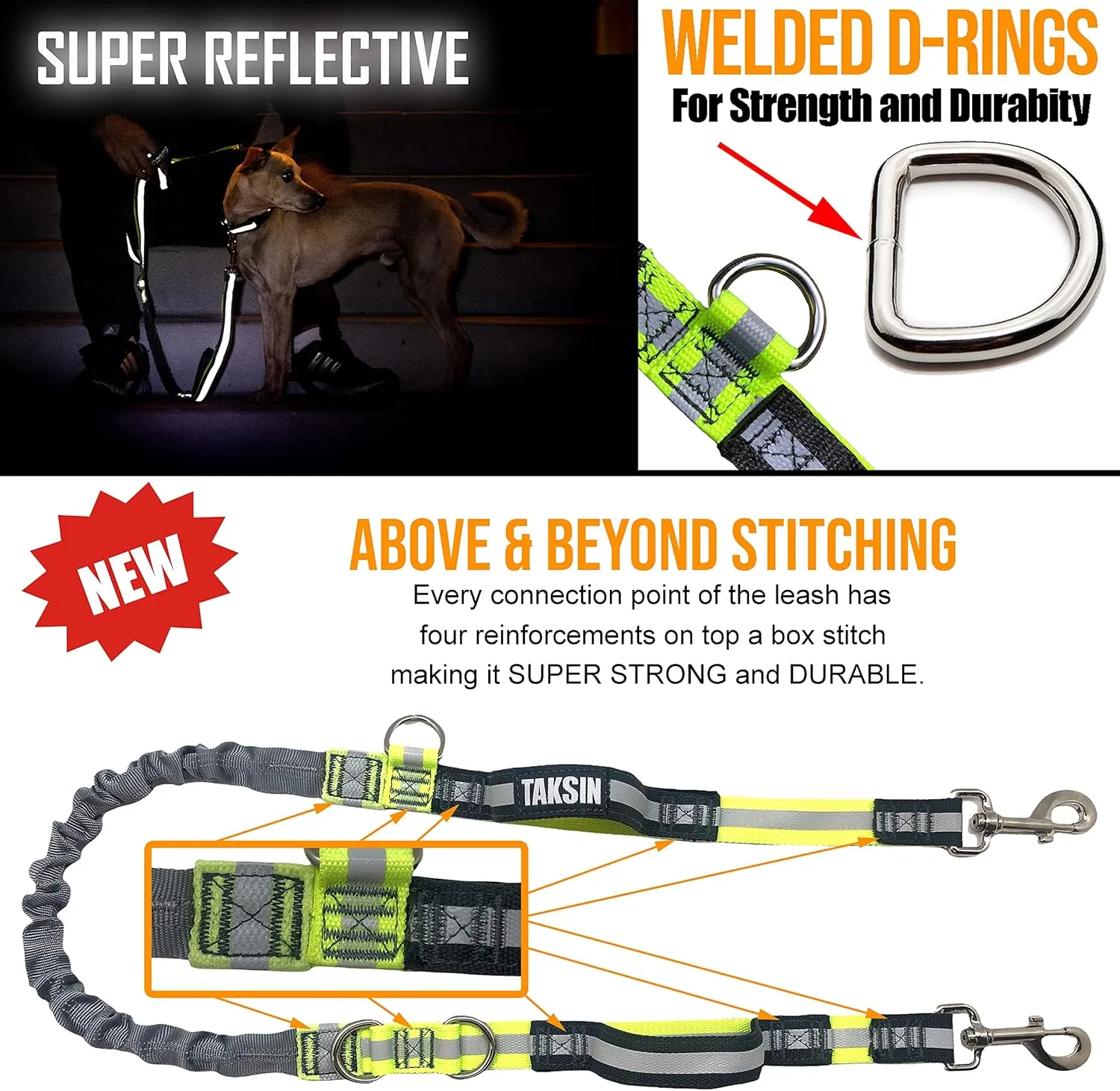 TAKSIN The Ultimate Hands Free Two Dogs Double Leash System for Walking Running Hiking Training, Reflective Bungee Leash, Treat Holder, Poop Bag Dispenser Small Medium Large Dogs (Grey Deluxe Pack)