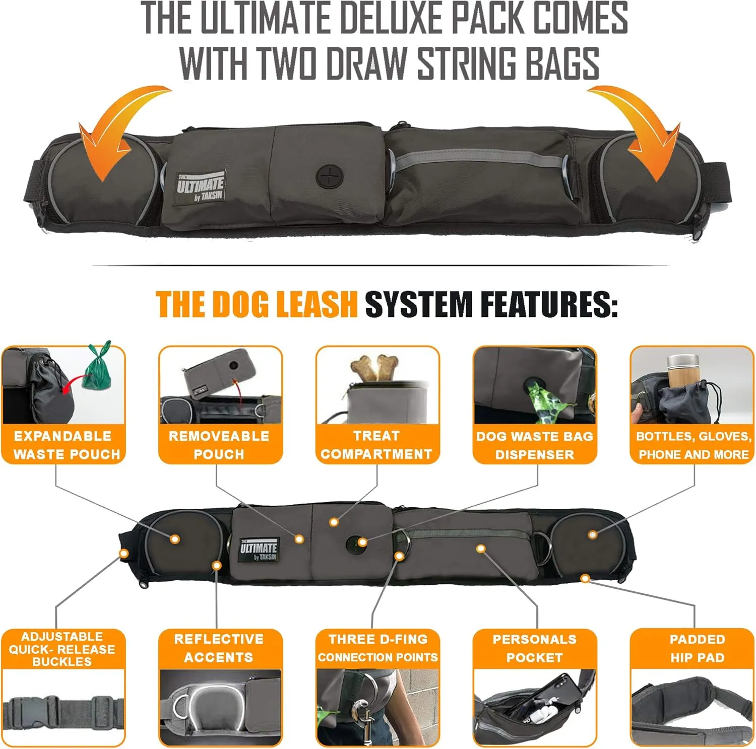TAKSIN The Ultimate Hands Free Two Dogs Double Leash System for Walking Running Hiking Training, Reflective Bungee Leash, Treat Holder, Poop Bag Dispenser Small Medium Large Dogs (Grey Deluxe Pack)