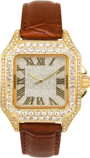 Techno Pave Men's 32mm Iced Out Leather Band Watch – Square Shape, Roman Dial, Luxury Hip-Hop Style