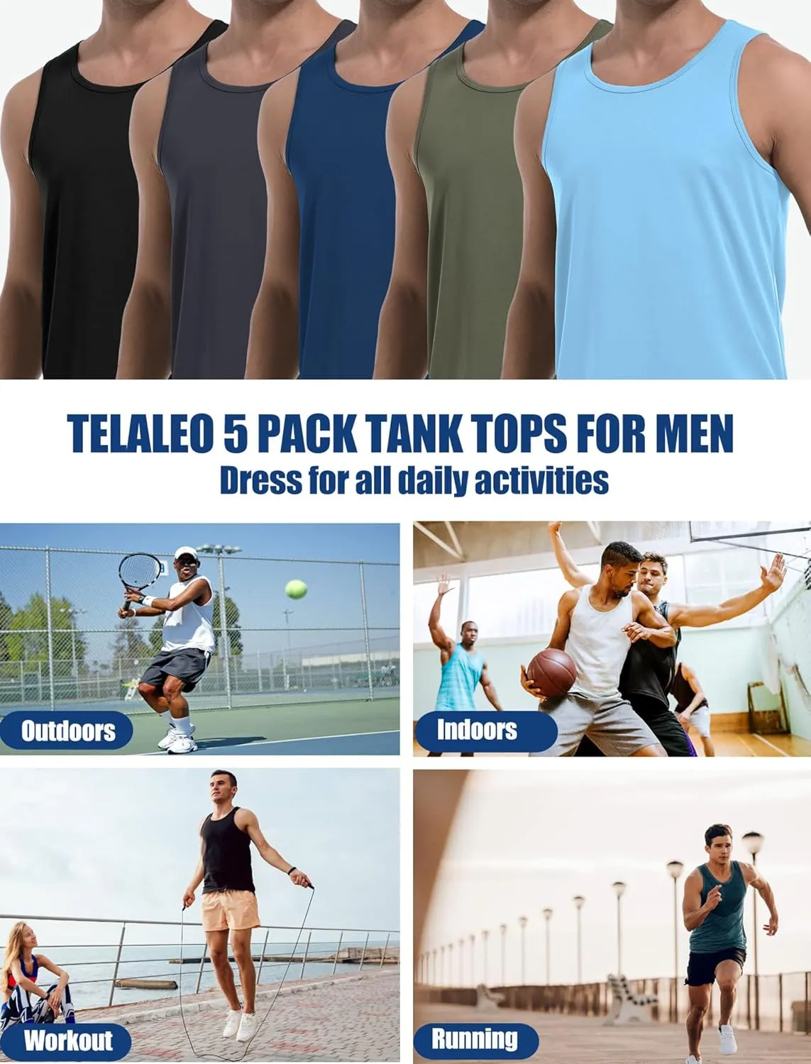 TELALEO 5 Pack Men's Workout Tank Tops Sleeveless Mesh Muscle Gym Shirt Quick Dry Black/Gray/Charcoal/Navy/Blue