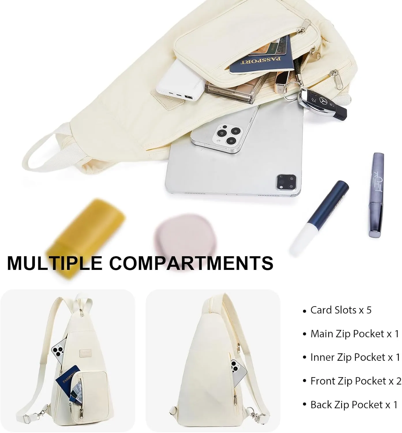 Telena Sling Bag Crossbody Backpack for Women Men 2 in 1 Lightweight Chest Bag Casual Daypack Backpacks for Travel Hiking Beige