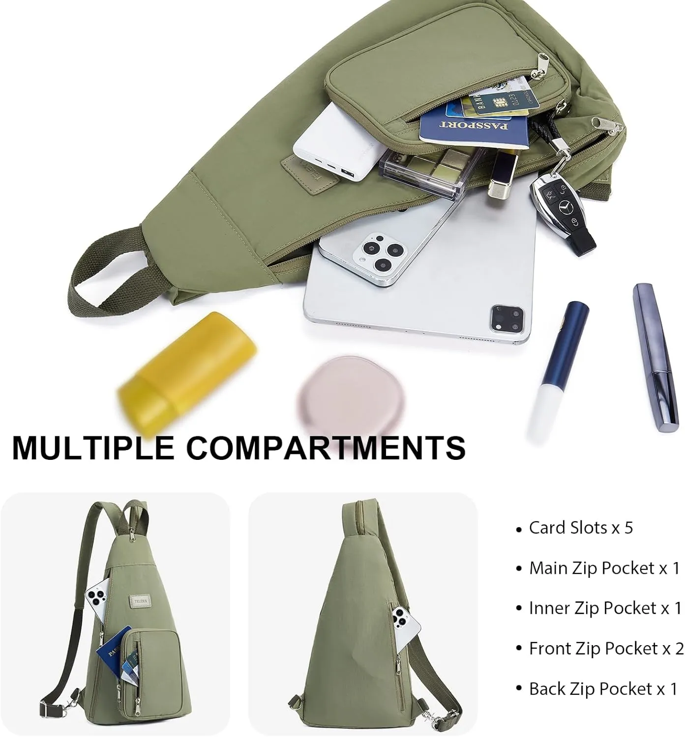 Telena Sling Bag Crossbody Backpack for Women Men 2 in 1 Lightweight Chest Bag Casual Daypack Backpacks for Travel Hiking Green