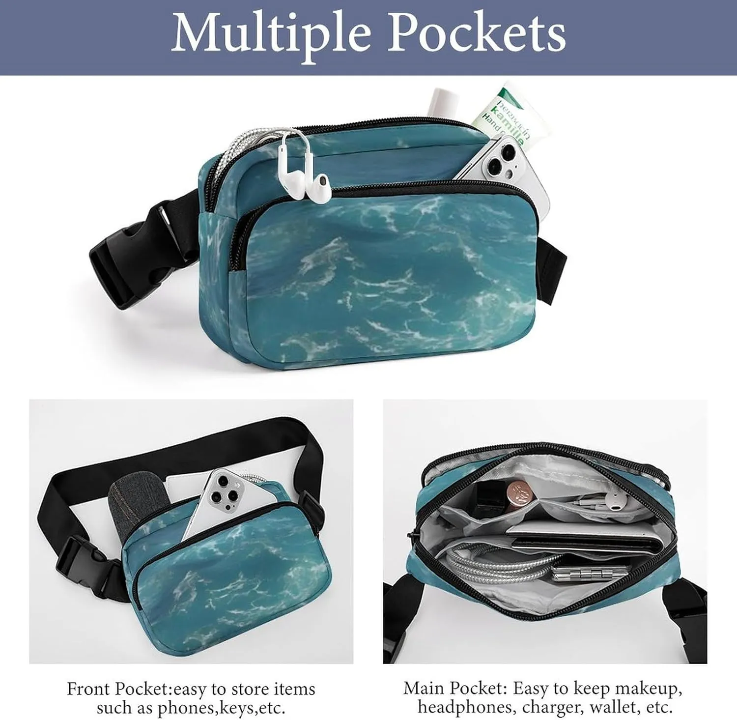 The Deep Blue Sea Print Fanny Packs for Women Men Fashion Portable Waist Pack Adjustable Belt Bum Bag Hip Bags for Travel, 20x13cm, style-5