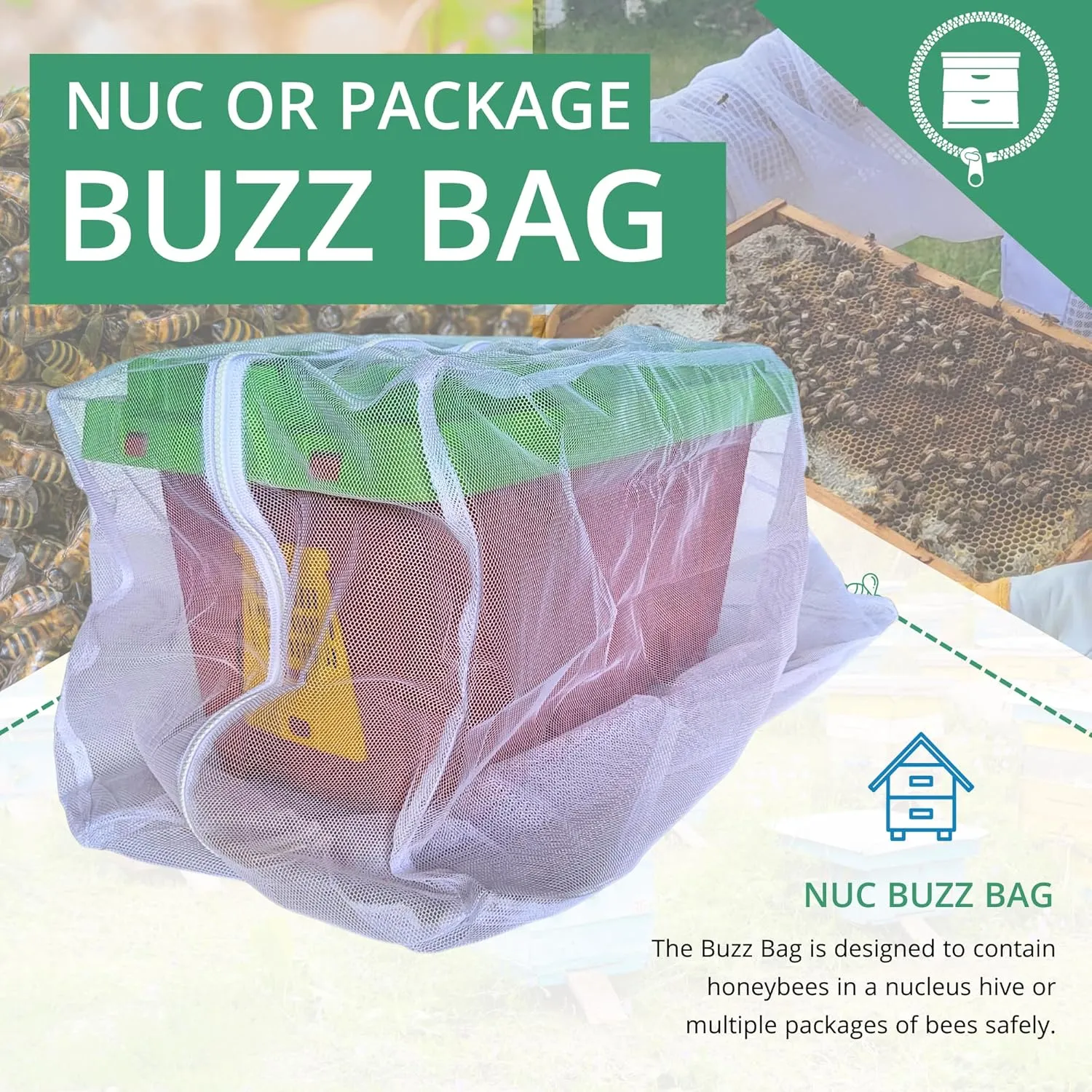 The Mesh Bag Designed for Beekeepers to Move Bees Safely and Securely with High Strength Mesh, YKK Zipper and Safety Lock Stiching - Package or Nucleus Hive