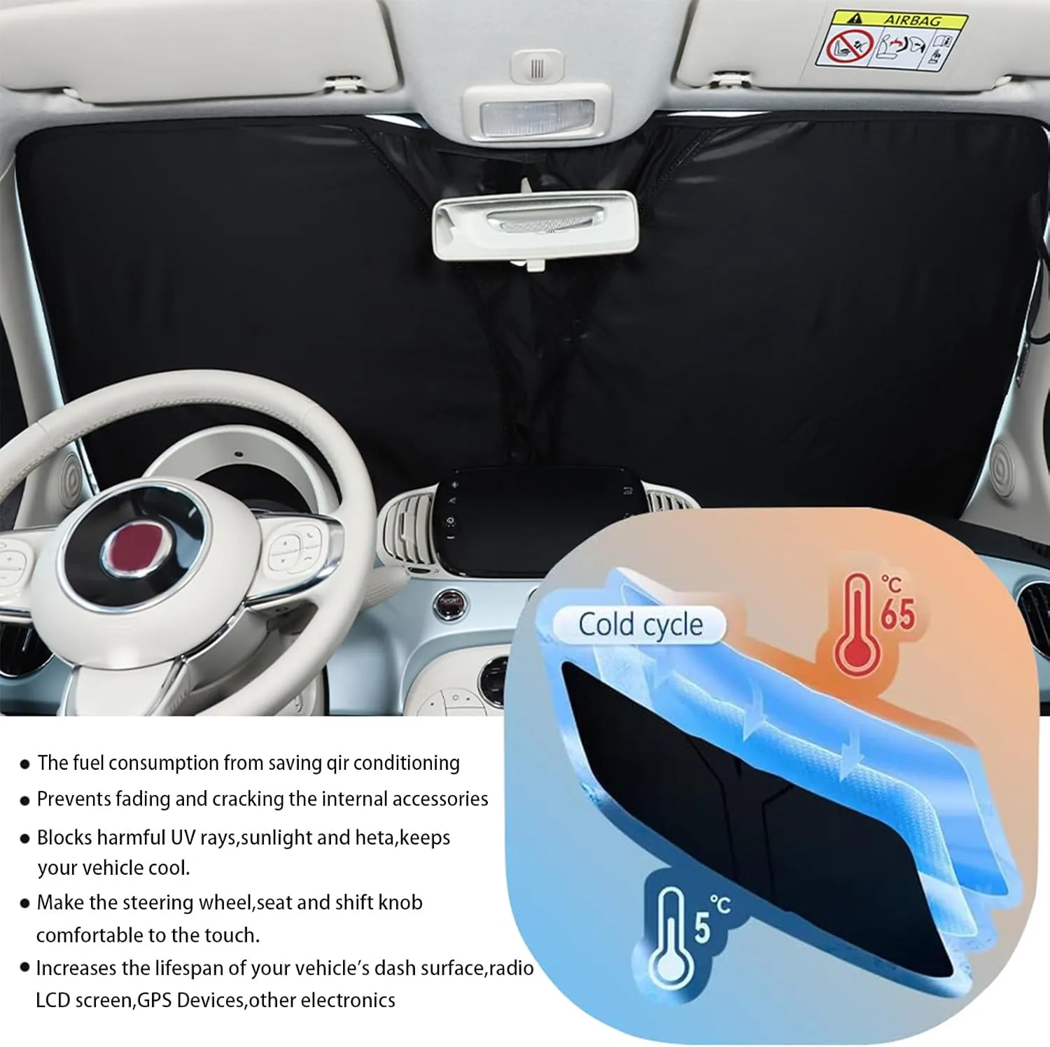 The Original Windshield Sun Shade Compatible with Fiat 500 2010-2024 Abarth 595 2014-2024 Car Windshield Reflective Sunshade Protector Sun Shade Accessories (Silver)