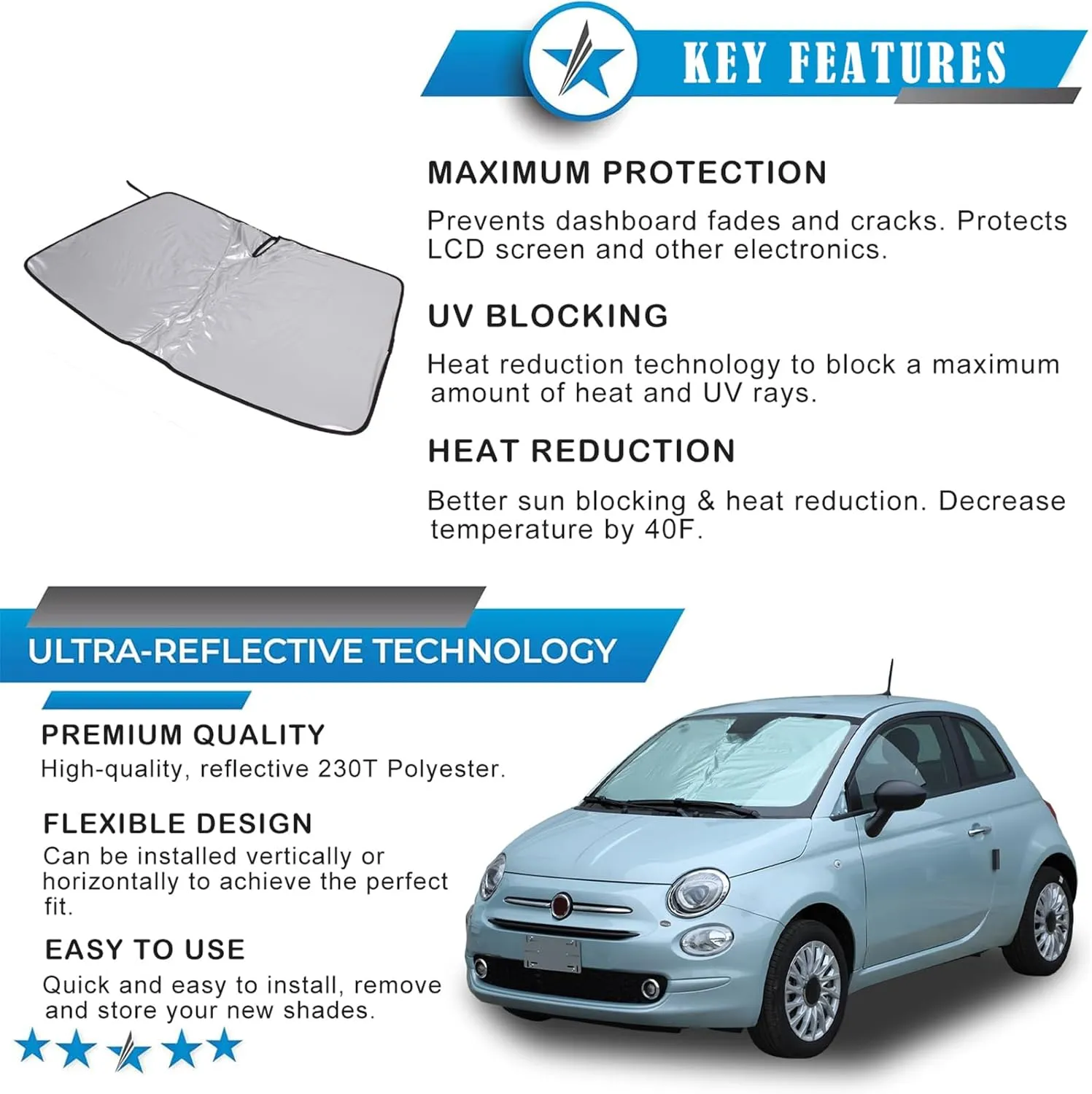 The Original Windshield Sun Shade Compatible with Fiat 500 2010-2024 Abarth 595 2014-2024 Car Windshield Reflective Sunshade Protector Sun Shade Accessories (Silver)