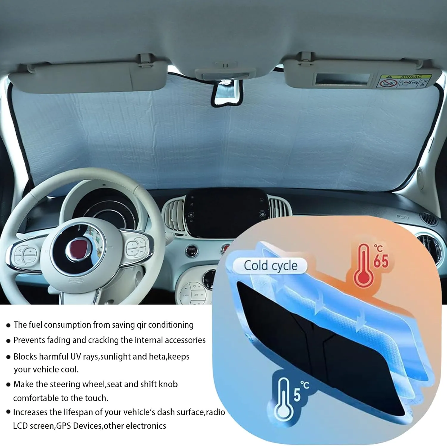The Original Windshield Sun Shade Compatible with Fiat 500 2010-2024 Abarth 595 2014-2024 Car Windshield Reflective Sunshade Protector Sun Shade Accessories (Silver)