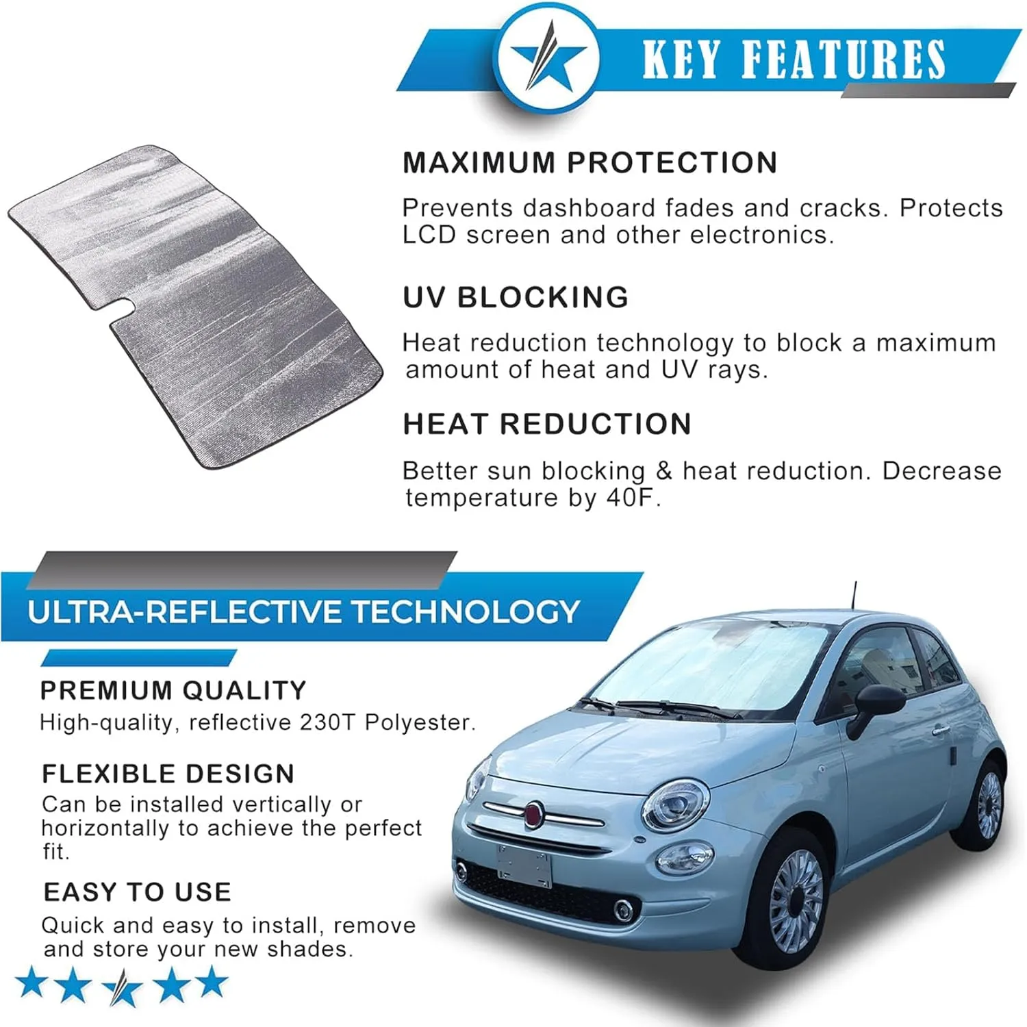 The Original Windshield Sun Shade Compatible with Fiat 500 2010-2024 Abarth 595 2014-2024 Car Windshield Reflective Sunshade Protector Sun Shade Accessories (Silver)