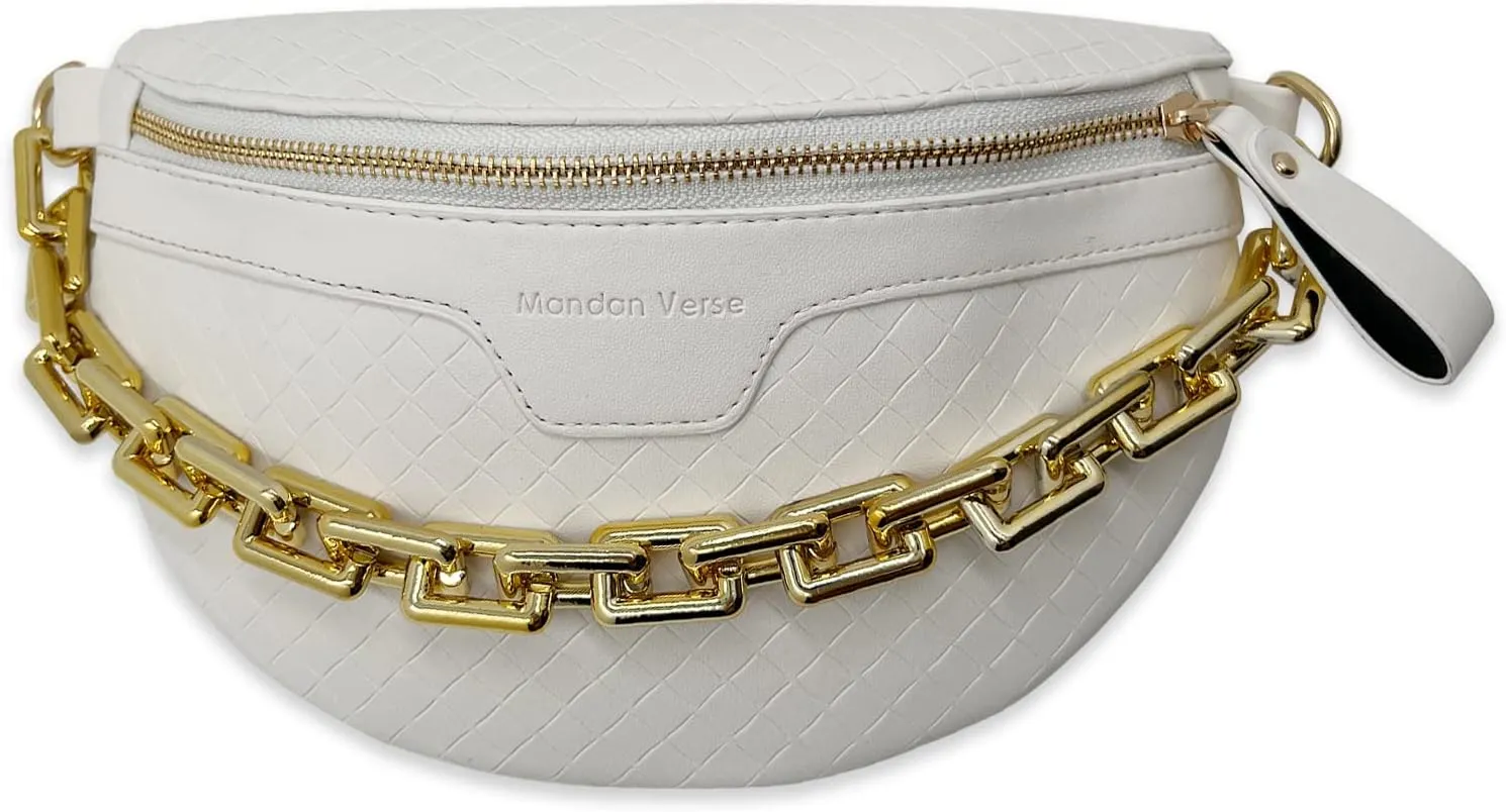 Thick Chain Women's Fanny Pack Plaid leather Waist Bag Shoulder Crossbody Chest Bags Luxury Designer Handbags Female Belt Bag (Beige)
