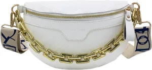 Thick Chain Women's Fanny Pack Plaid leather Waist Bag Shoulder Crossbody Chest Bags Luxury Designer Handbags Female Belt Bag (Beige)