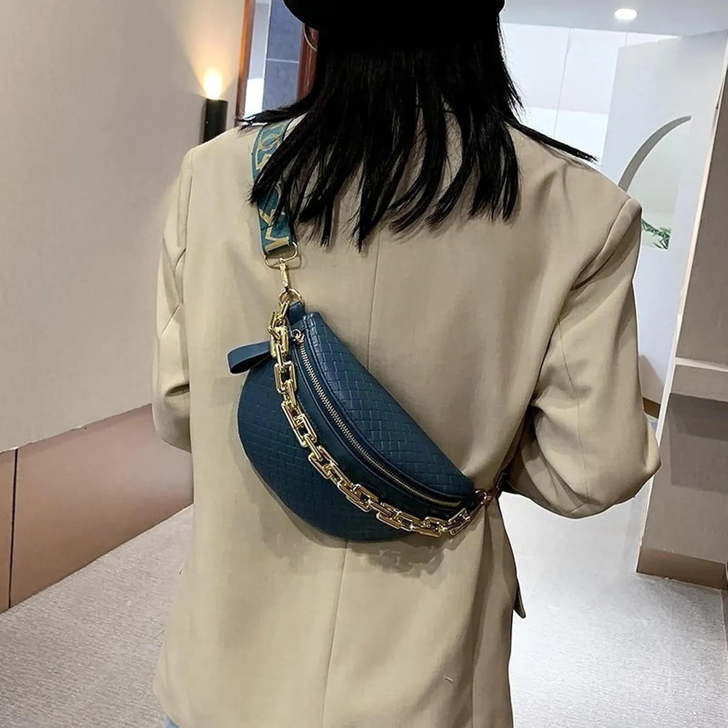 Thick Chain Women's Fanny Pack Plaid leather Waist Bag Shoulder Crossbody Chest Bags Luxury Designer Handbags Female Belt Bag (Blue)