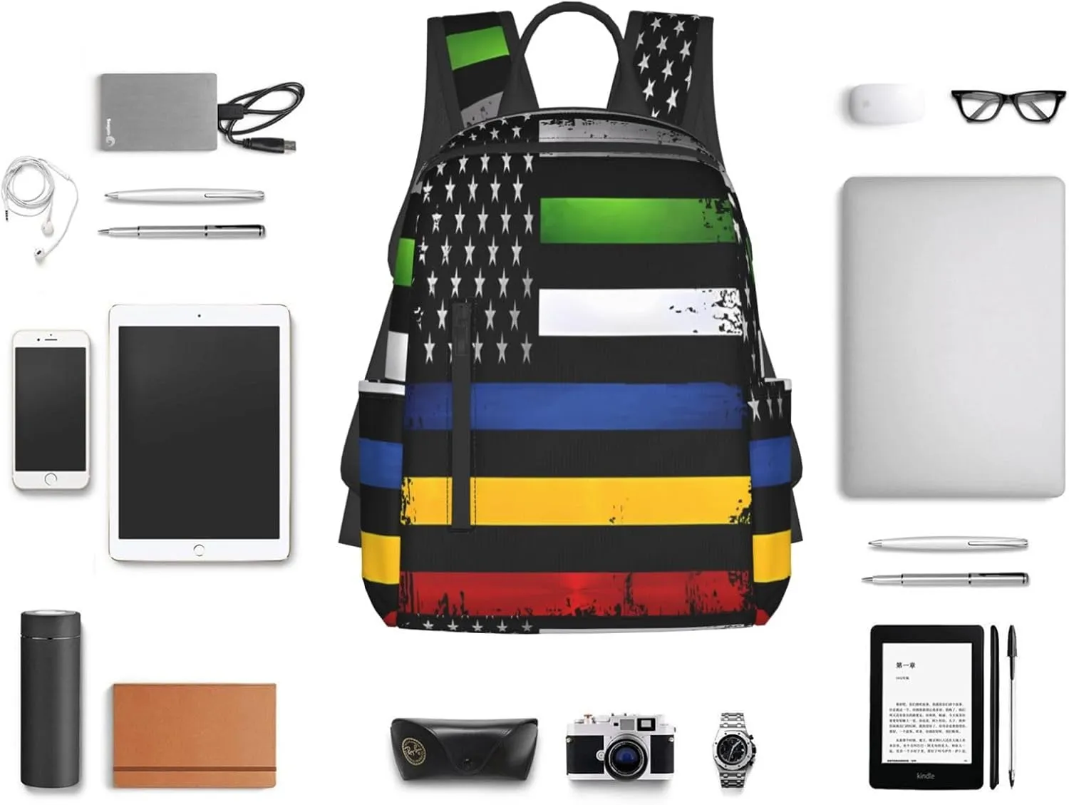 Thin Red Yellow Line American Flag Casual Backpacks Laptop Backpack Outdoor Travel Rucksack Sport Carry-On Daypack Lightweight Bag with Multi-Pockets