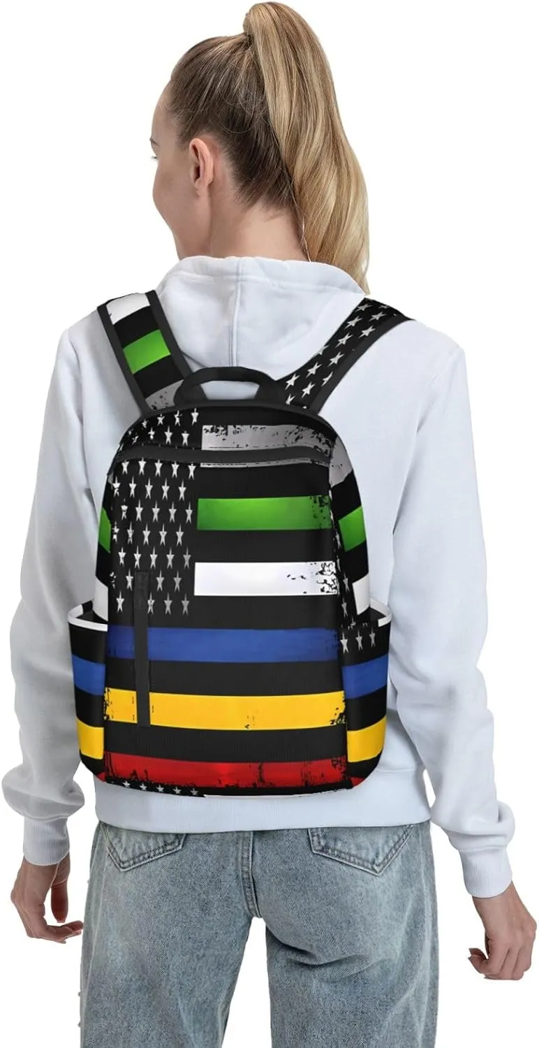 Thin Red Yellow Line American Flag Casual Backpacks Laptop Backpack Outdoor Travel Rucksack Sport Carry-On Daypack Lightweight Bag with Multi-Pockets