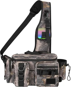 THKFISH Fishing Tackle Bag Fly Fishing Bag Sling Pack Portable Fishing fanny pack Waist Pack with D-Rings and Waist Strap LEAFCAMO