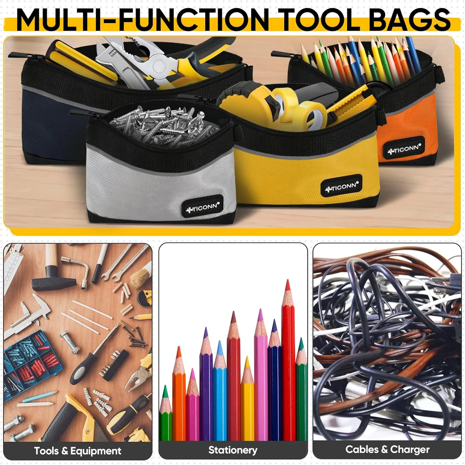 TICONN Tool Pouches with Zipper, 1680D Oxford Small Tool Bags, Waterproof Utility Bag Zipper Pouch for Tool Organizers and Storage (6 Pack Combo)