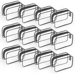 TISRATOK 12 PCS Clear Makeup Bag for Women with Zipper, TSA Approved Toiletry Pouch, Cosmetic Bag Bulk for Travel Organizer Essentials - Black,Small
