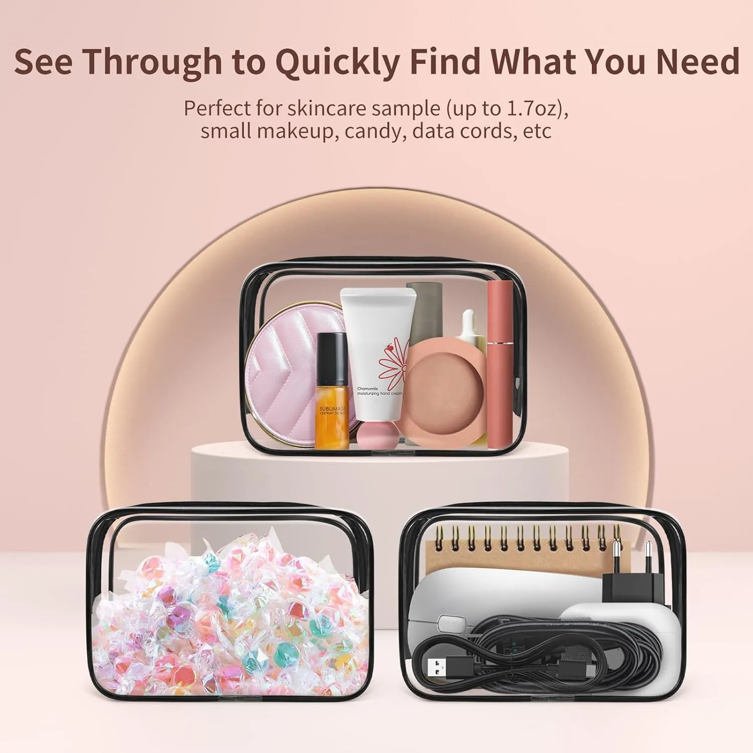TISRATOK 12 PCS Clear Makeup Bag for Women with Zipper, TSA Approved Toiletry Pouch, Cosmetic Bag Bulk for Travel Organizer Essentials - Black,Small