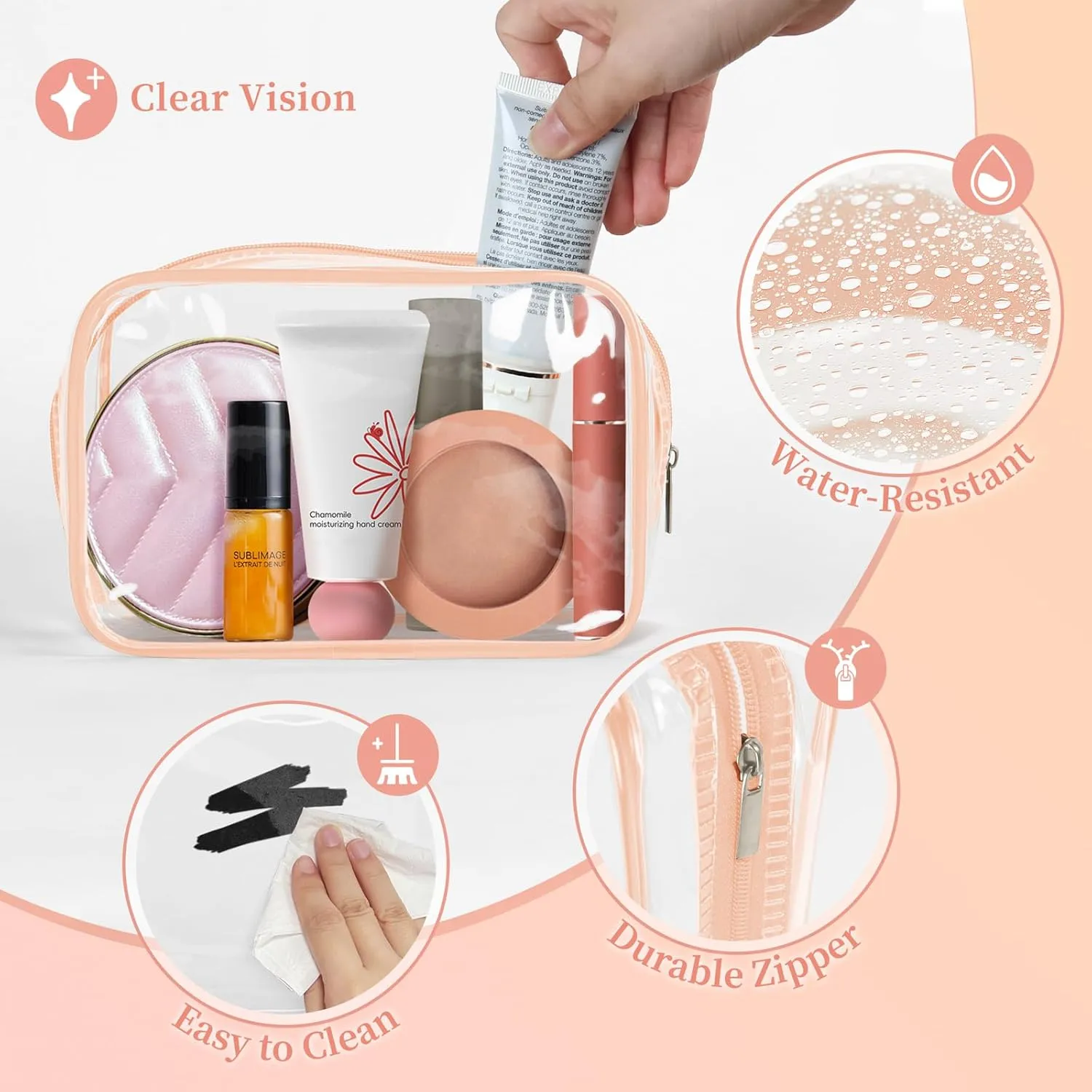 TISRATOK 12 PCS Clear Makeup Bag for Women with Zipper, TSA Approved Toiletry Pouch, Cosmetic Bag Bulk for Travel Organizer Essentials -Orange-pink, Small