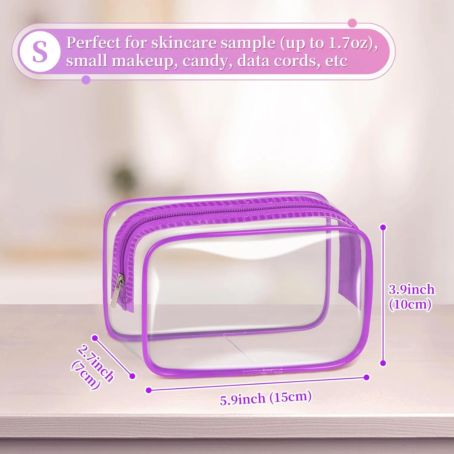 TISRATOK 12 PCS Clear Makeup Bag for Women with Zipper, TSA Approved Toiletry Pouch, Cosmetic Bag Bulk for Travel Organizer Essentials - Purple, Small