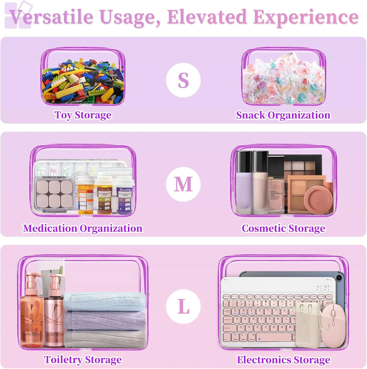 TISRATOK 12 PCS Clear Makeup Bag for Women with Zipper, TSA Approved Toiletry Pouch, Cosmetic Bag Bulk for Travel Organizer Essentials - Purple, Small