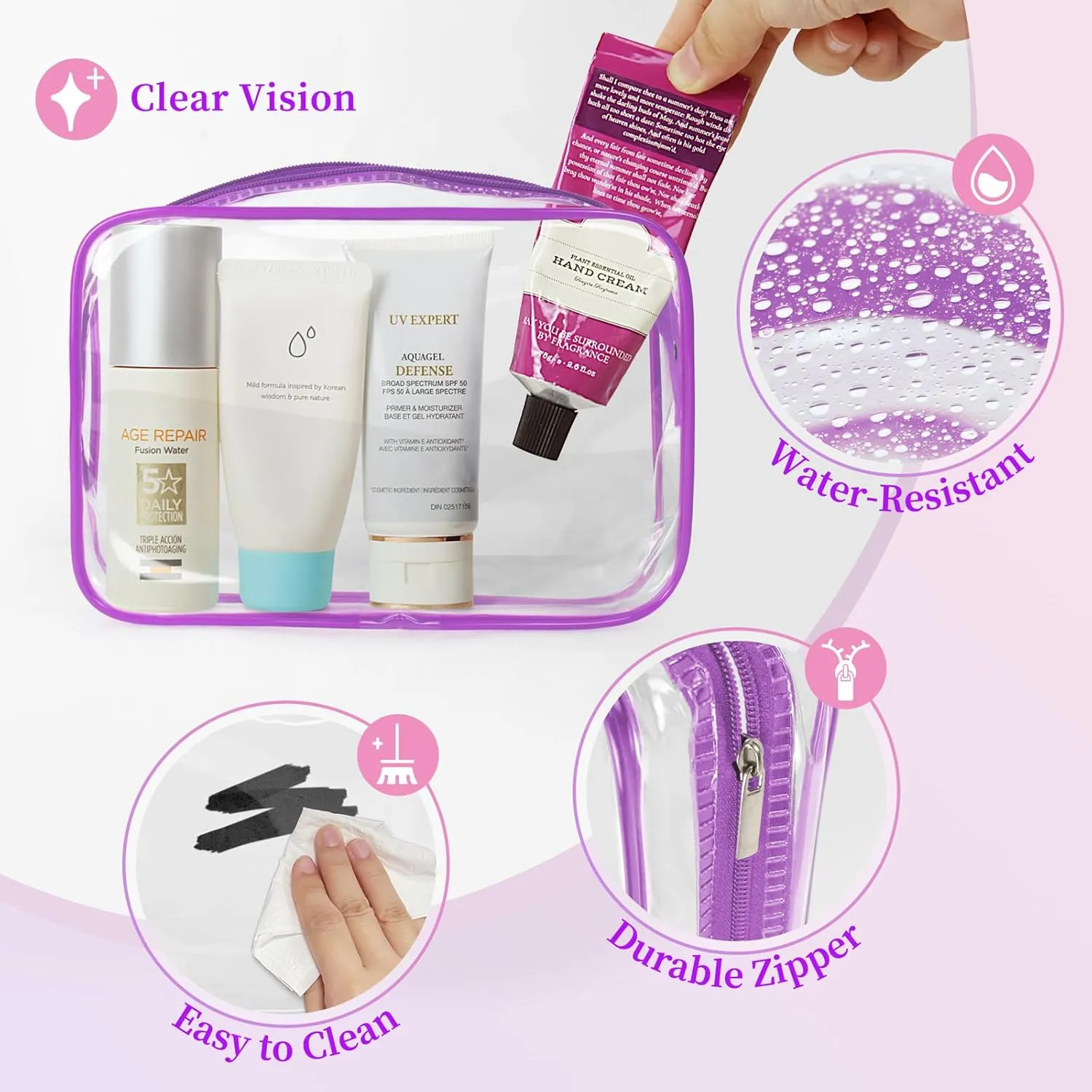 TISRATOK 12 PCS Clear Makeup Bag for Women with Zipper, TSA Approved Toiletry Pouch, Cosmetic Bag Bulk for Travel Organizer Essentials - Purple, Small