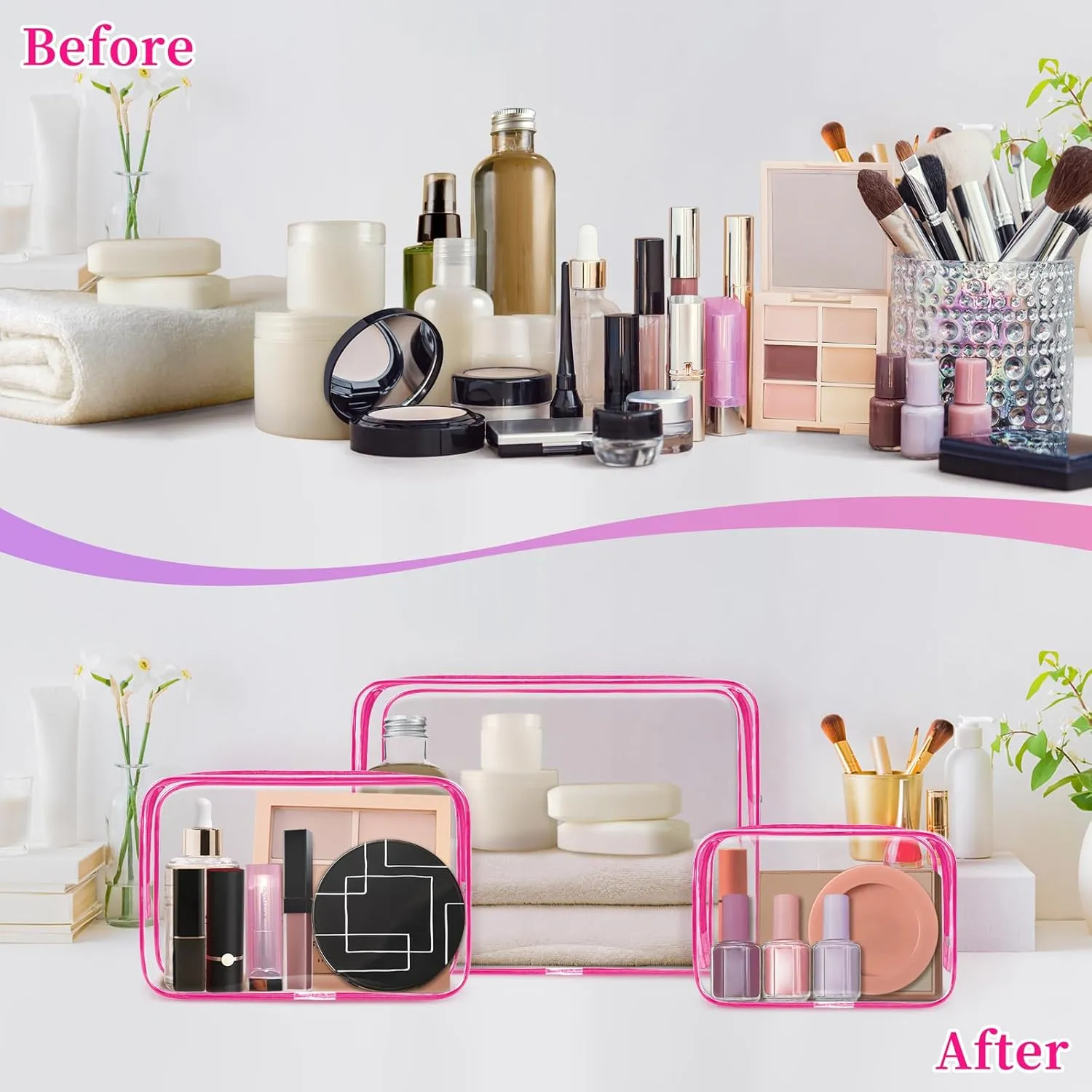 TISRATOK 12 PCS Clear Makeup Bag for Women with Zipper, TSA Approved Toiletry Pouch, Cosmetic Bag Bulk for Travel Organizer Essentials - Purple, Small