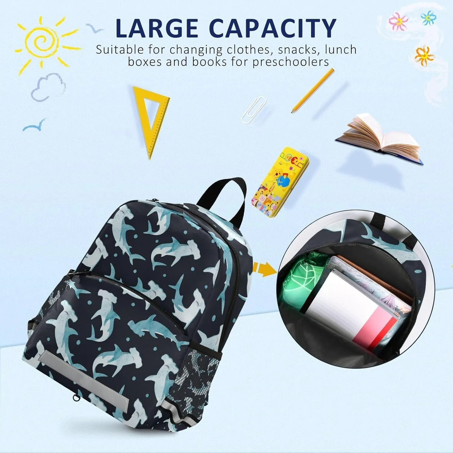 Toddler Backpack Boy Kids Backpack with Chest Strap, 12 Inch Children Hammerhead Shark School Bag Safety Leashes Removable Tether Bookbag