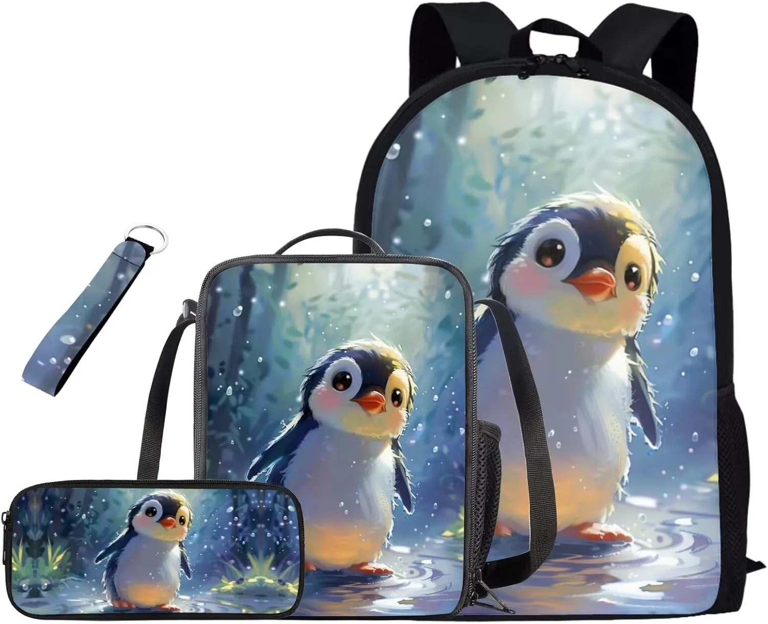 TODIYADDU Blue Penguin Backpacks for Girls 5th Grade School Kids Bookbag with Lunch Box Set Boys Keychain Pencil Pen Case 4 in 1 Backpacks 12 Years Soft Large for Camping/Travel