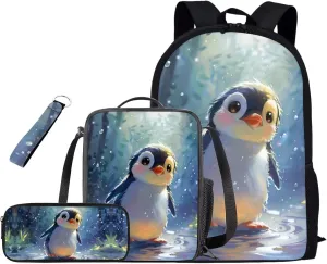TODIYADDU Blue Penguin Backpacks for Girls 5th Grade School Kids Bookbag with Lunch Box Set Boys Keychain Pencil Pen Case 4 in 1 Backpacks 12 Years Soft Large for Camping/Travel