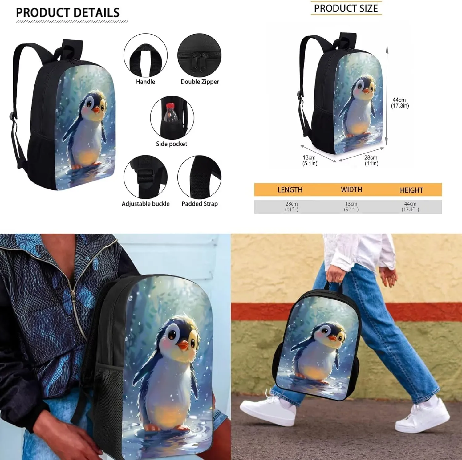 TODIYADDU Blue Penguin Backpacks for Girls 5th Grade School Kids Bookbag with Lunch Box Set Boys Keychain Pencil Pen Case 4 in 1 Backpacks 12 Years Soft Large for Camping/Travel