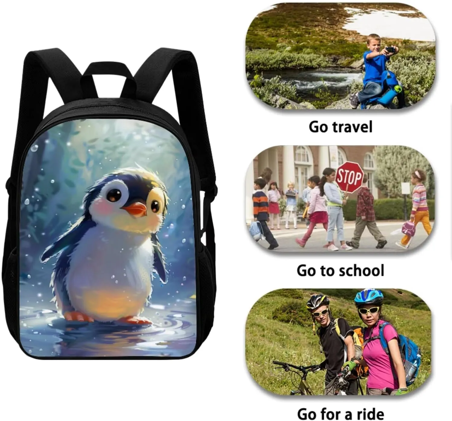 TODIYADDU Blue Penguin Backpacks for Girls 5th Grade School Kids Bookbag with Lunch Box Set Boys Keychain Pencil Pen Case 4 in 1 Backpacks 12 Years Soft Large for Camping/Travel