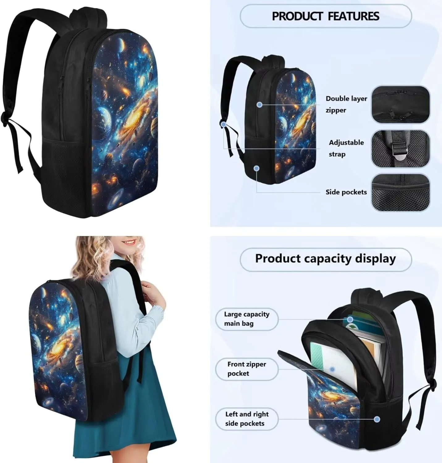 TODIYADDU Galaxy Planet Backpack for Girls Kids Bookbag with Lunch Box Water Bottle Pouch, and Insulated Water Bottle Boys 4 PCS Lightweight Elementary Middle School Bag for 5th Grade Kids