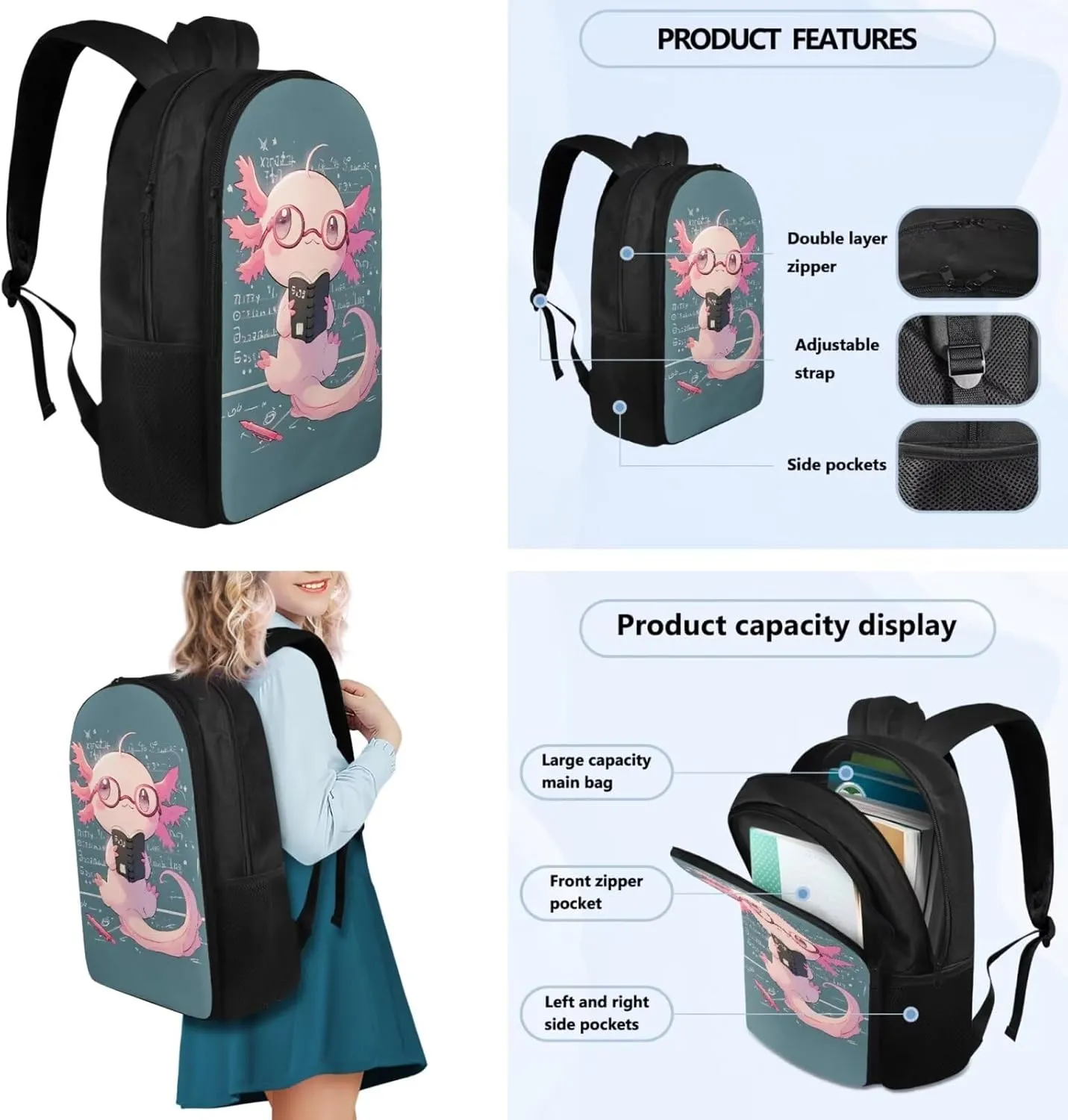 TODIYADDU Math Axolotl Backpacks for Girls 5th Grade Kids Bookbag with Lunch Box Boys Water Bottle Holder and Insulated Water Bottle 4 in 1 School Bag Lightweight Bags Aged 8-10 Students
