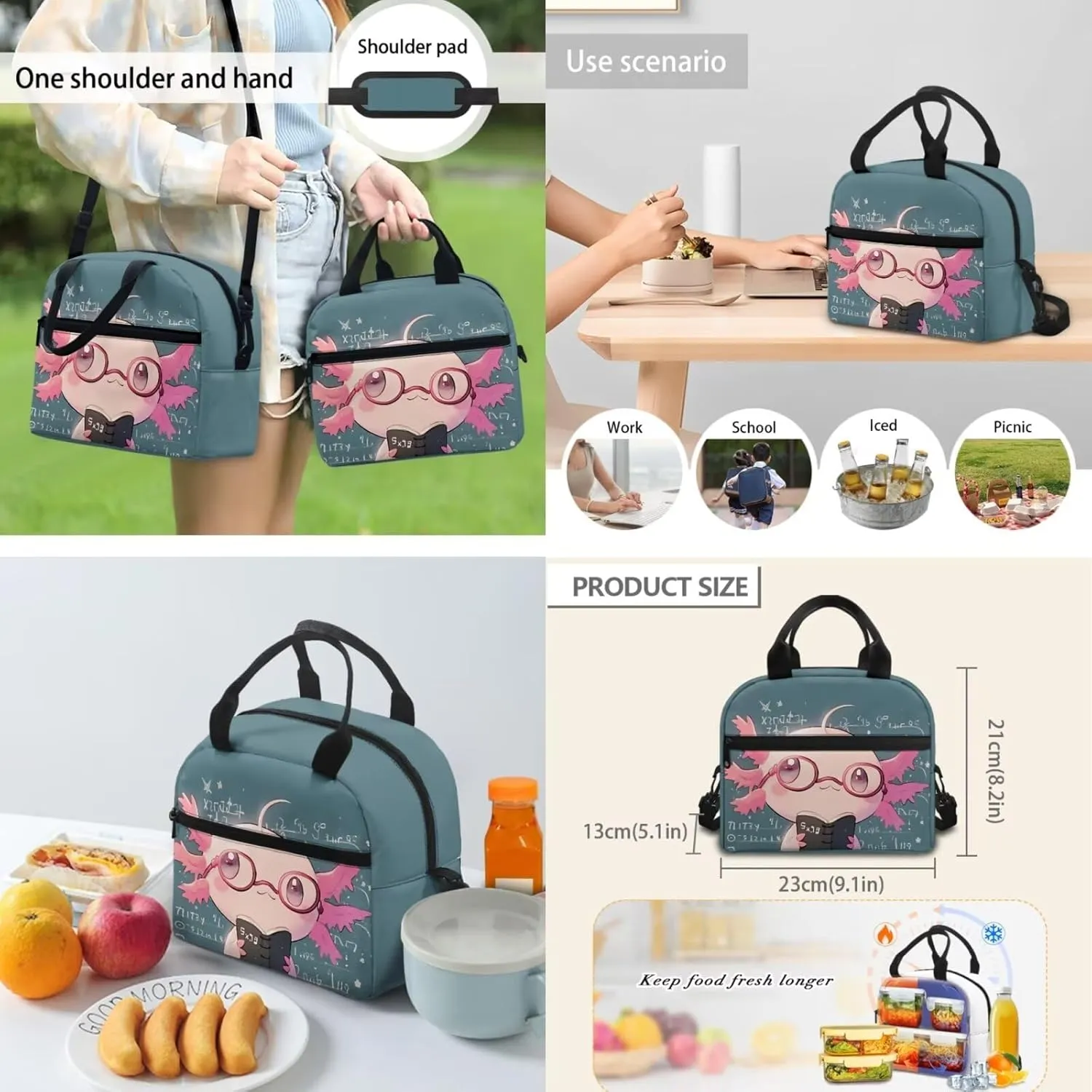TODIYADDU Math Axolotl Backpacks for Girls 5th Grade Kids Bookbag with Lunch Box Boys Water Bottle Holder and Insulated Water Bottle 4 in 1 School Bag Lightweight Bags Aged 8-10 Students
