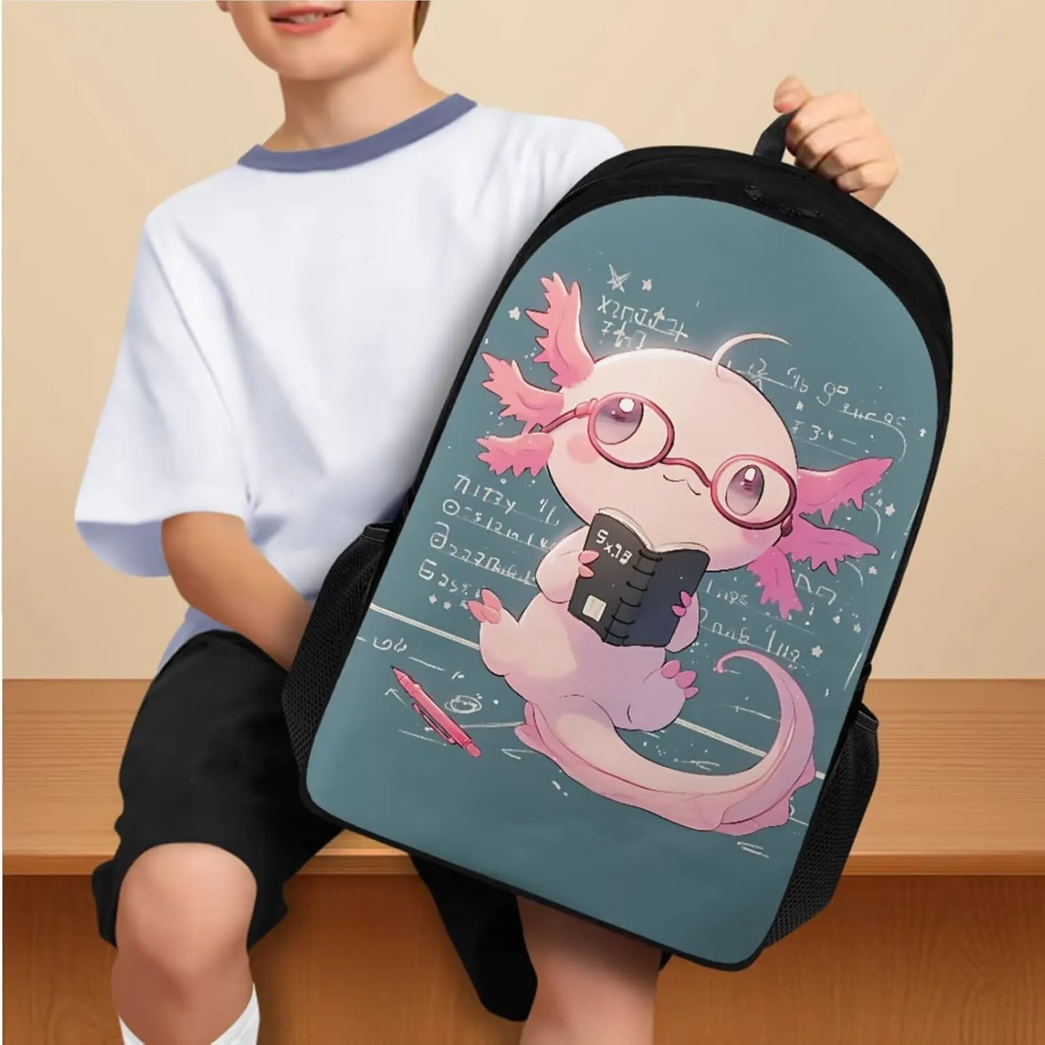 TODIYADDU Math Axolotl Backpacks for Girls 5th Grade Kids Bookbag with Lunch Box Boys Water Bottle Holder and Insulated Water Bottle 4 in 1 School Bag Lightweight Bags Aged 8-10 Students