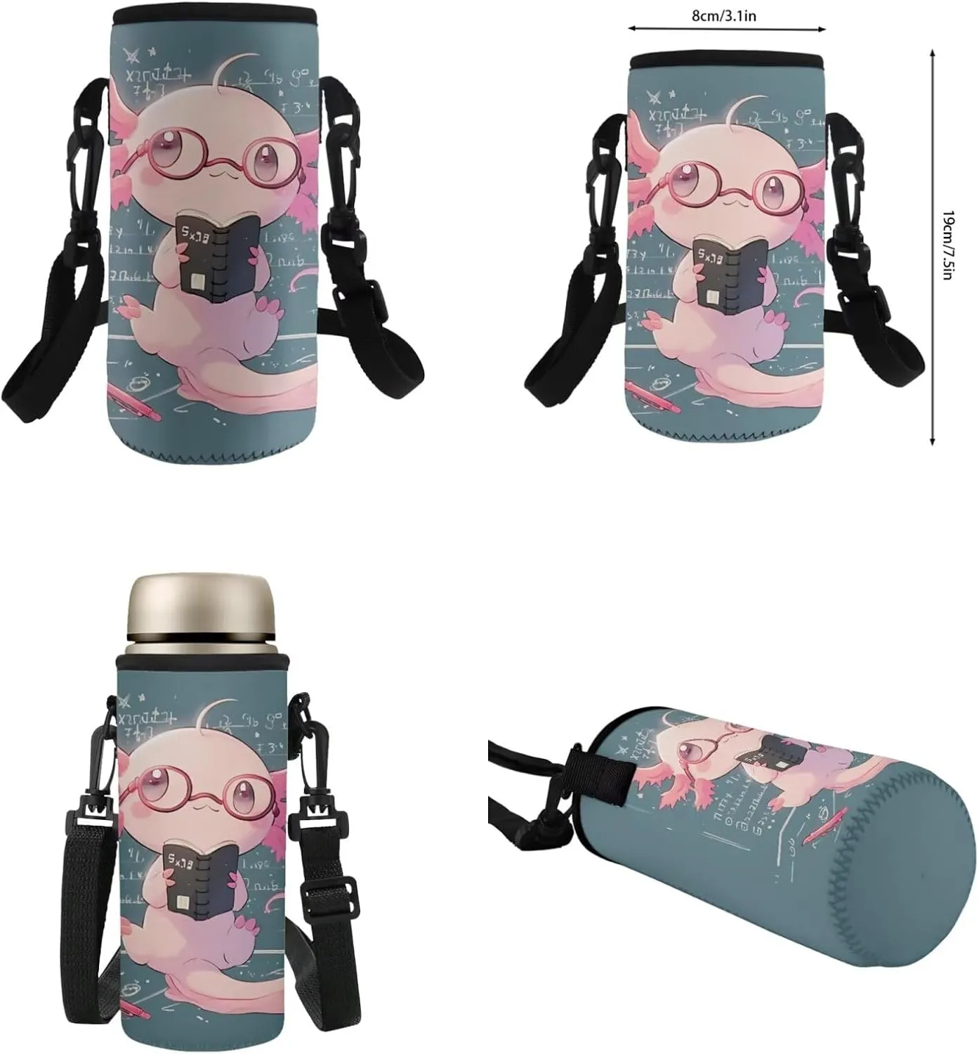 TODIYADDU Math Axolotl Backpacks for Girls 5th Grade Kids Bookbag with Lunch Box Boys Water Bottle Holder and Insulated Water Bottle 4 in 1 School Bag Lightweight Bags Aged 8-10 Students