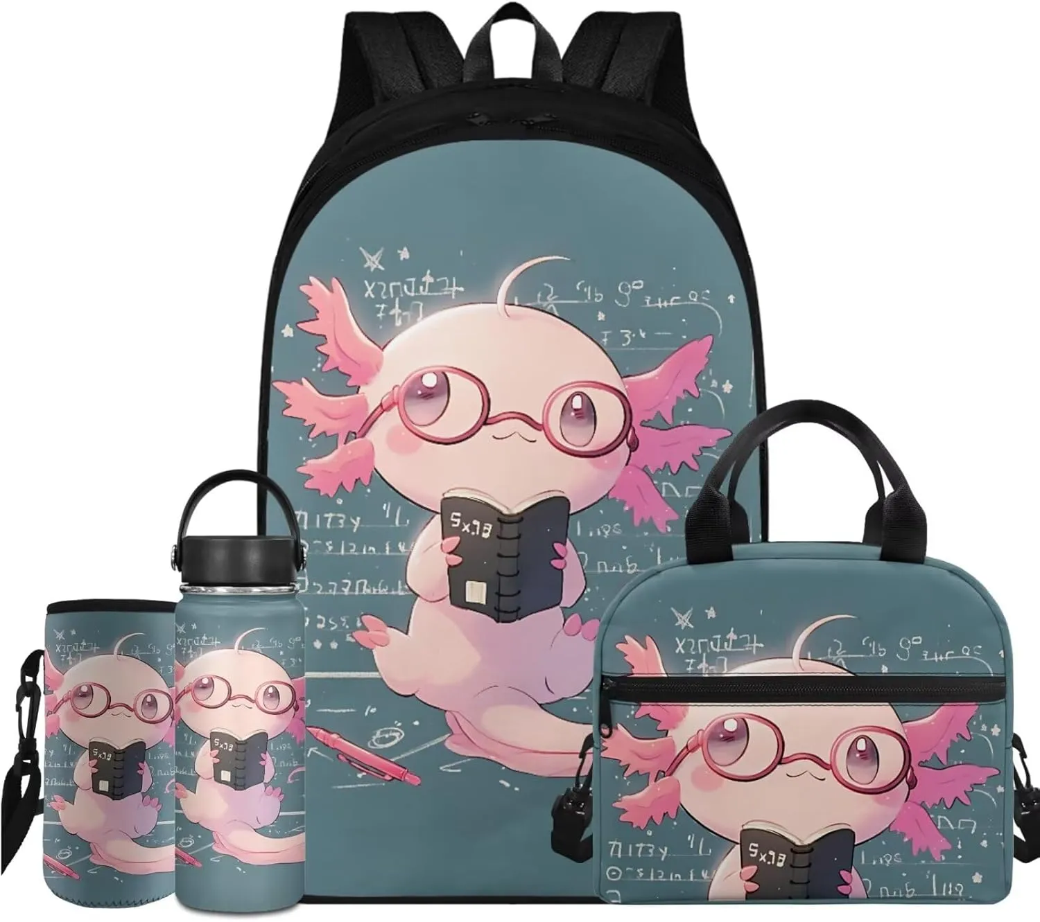 TODIYADDU Math Axolotl Backpacks for Girls 5th Grade Kids Bookbag with Lunch Box Boys Water Bottle Holder and Insulated Water Bottle 4 in 1 School Bag Lightweight Bags Aged 8-10 Students