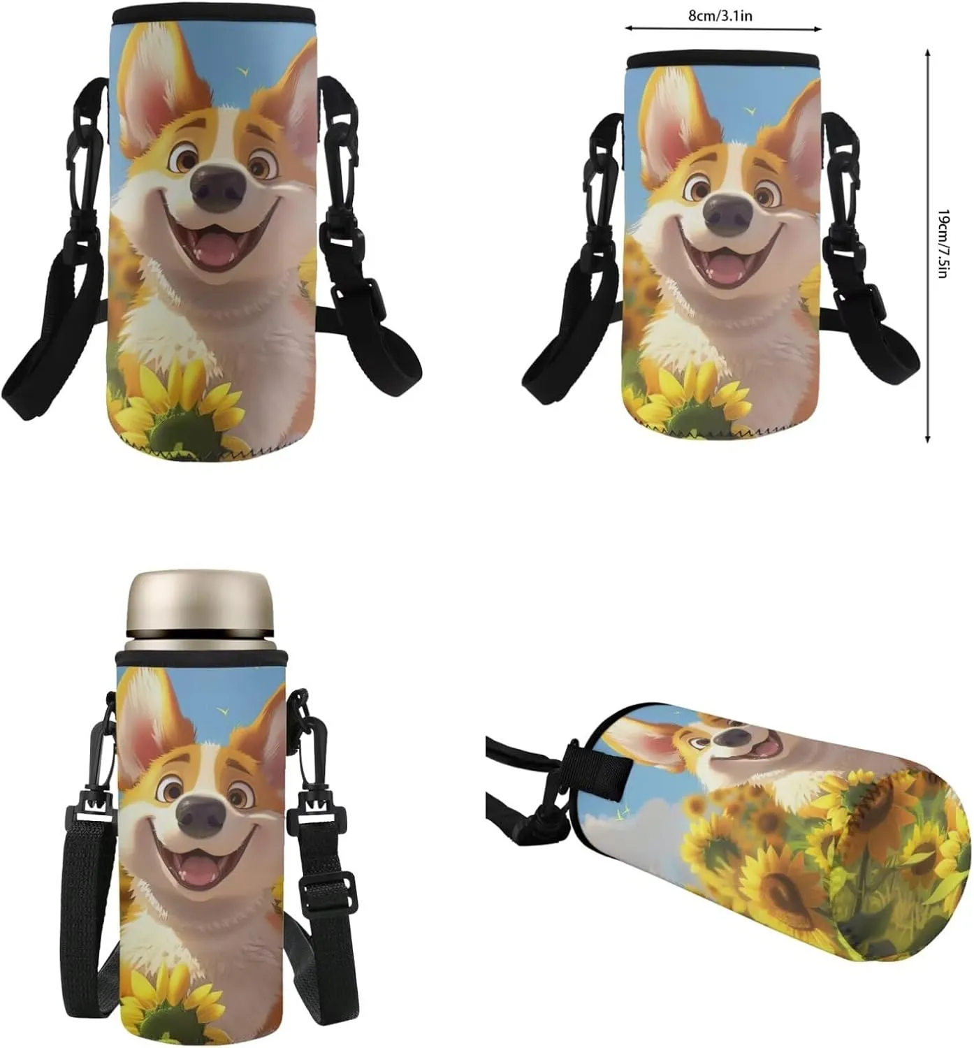 TODIYADDU Sunflower Corgi Backpacks for Girls 5th Grade Kids Bookbag with Lunch Box Boys Water Bottle Holder and Insulated Water Bottle 4 in 1 School Bag Lightweight Bags Aged 8-10 Students