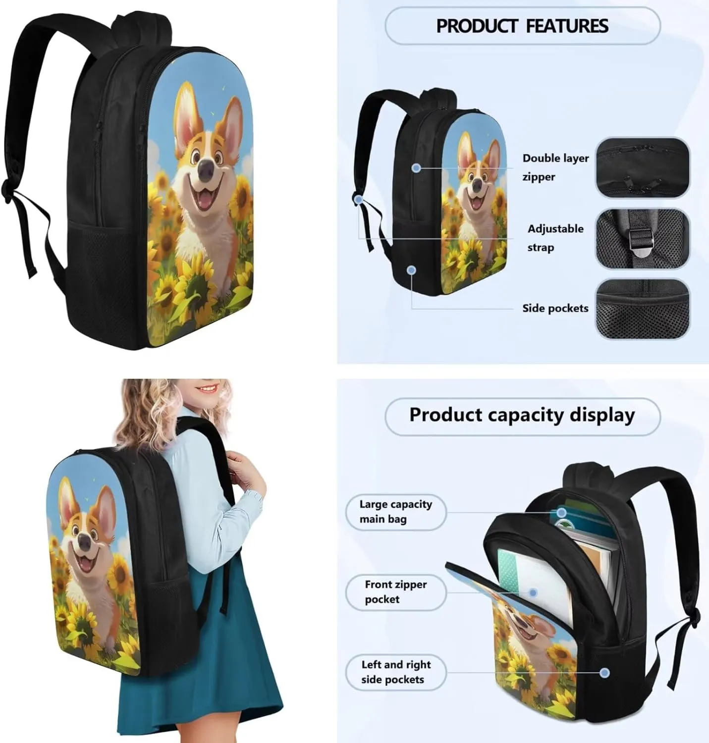 TODIYADDU Sunflower Corgi Backpacks for Girls 5th Grade Kids Bookbag with Lunch Box Boys Water Bottle Holder and Insulated Water Bottle 4 in 1 School Bag Lightweight Bags Aged 8-10 Students