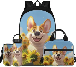 TODIYADDU Sunflower Corgi Backpacks for Girls 5th Grade Kids Bookbag with Lunch Box Boys Water Bottle Holder and Insulated Water Bottle 4 in 1 School Bag Lightweight Bags Aged 8-10 Students