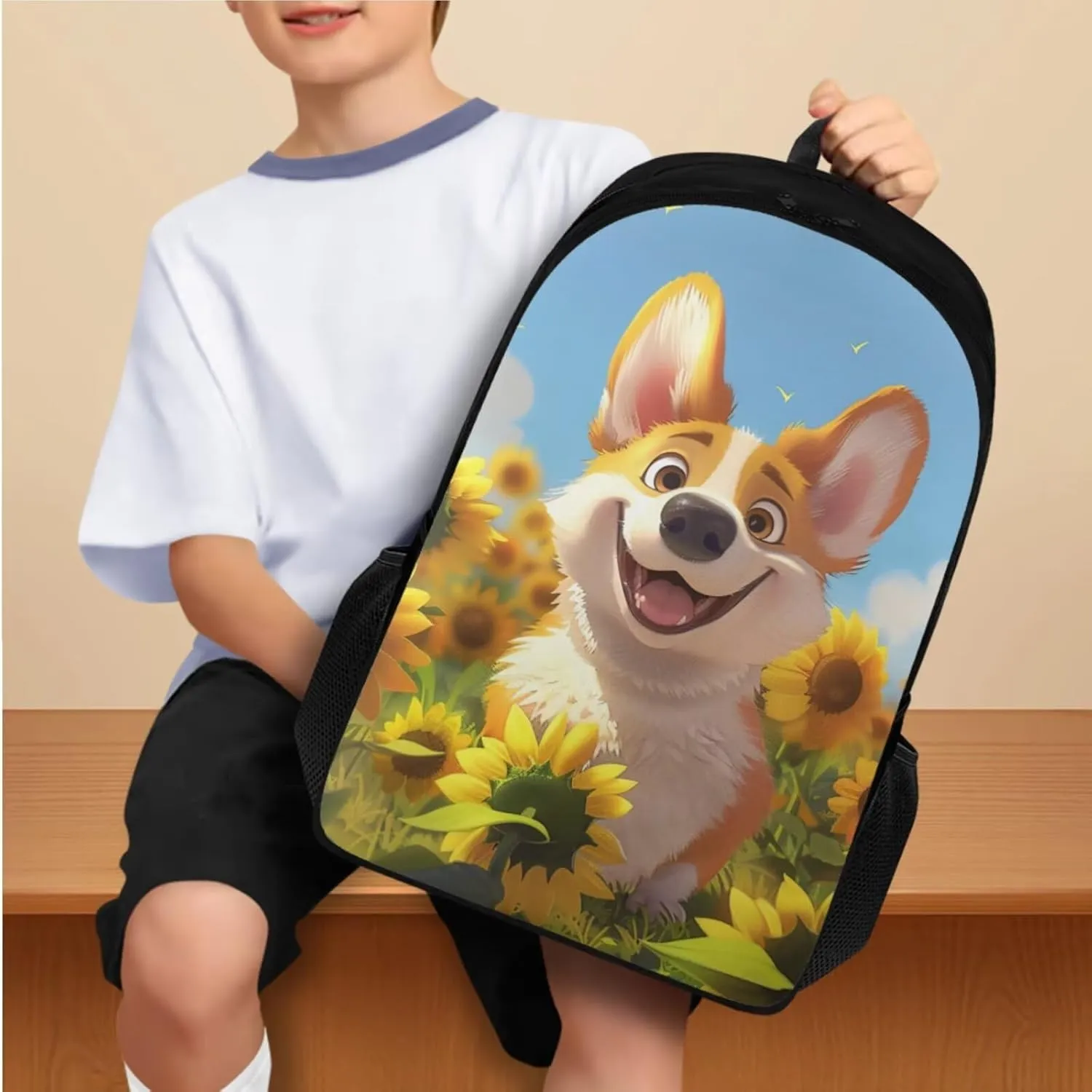 TODIYADDU Sunflower Corgi Backpacks for Girls 5th Grade Kids Bookbag with Lunch Box Boys Water Bottle Holder and Insulated Water Bottle 4 in 1 School Bag Lightweight Bags Aged 8-10 Students