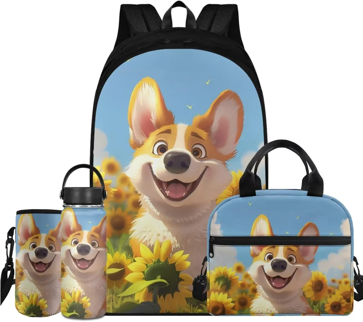 TODIYADDU Sunflower Corgi Backpacks for Girls 5th Grade Kids Bookbag with Lunch Box Boys Water Bottle Holder and Insulated Water Bottle 4 in 1 School Bag Lightweight Bags Aged 8-10 Students