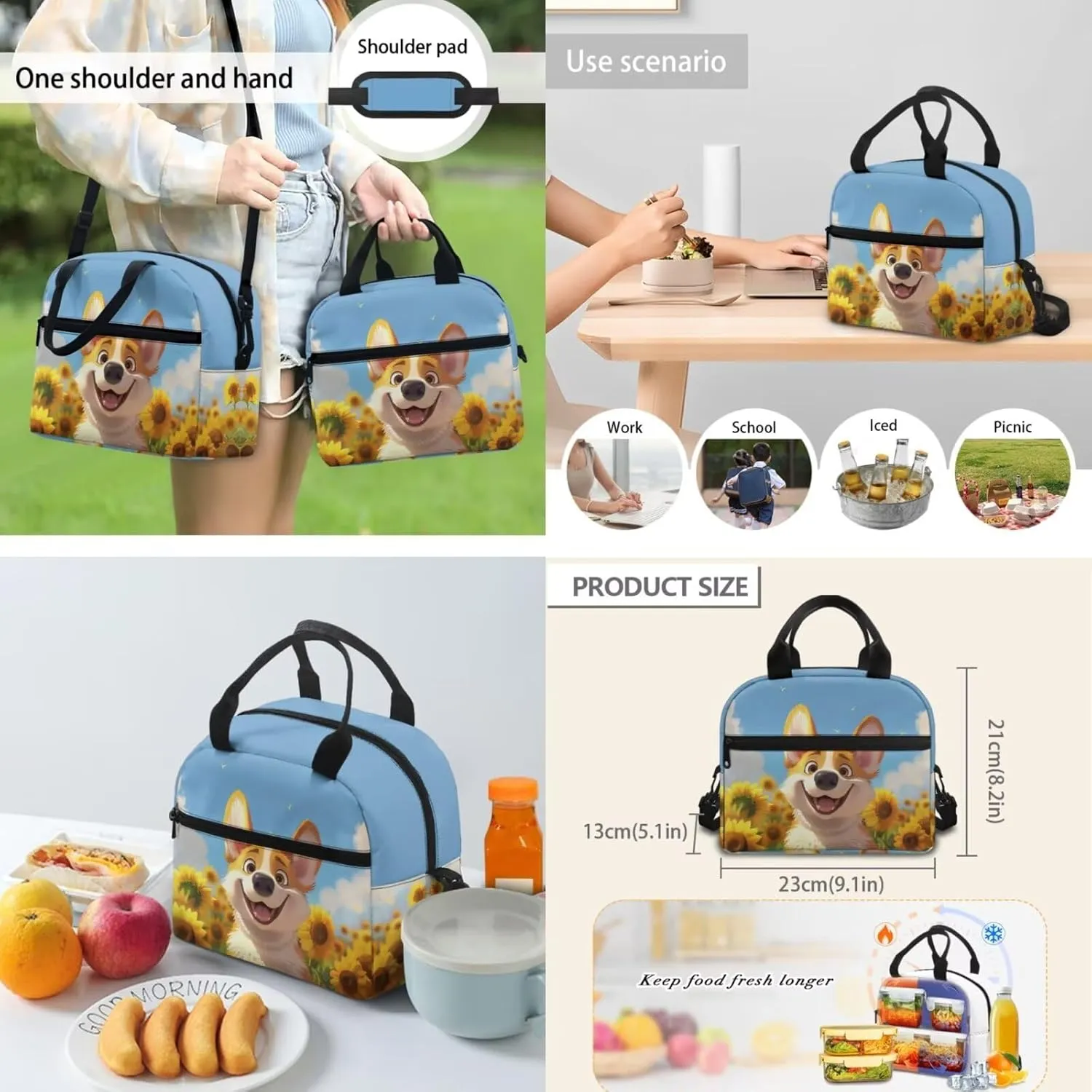 TODIYADDU Sunflower Corgi Backpacks for Girls 5th Grade Kids Bookbag with Lunch Box Boys Water Bottle Holder and Insulated Water Bottle 4 in 1 School Bag Lightweight Bags Aged 8-10 Students