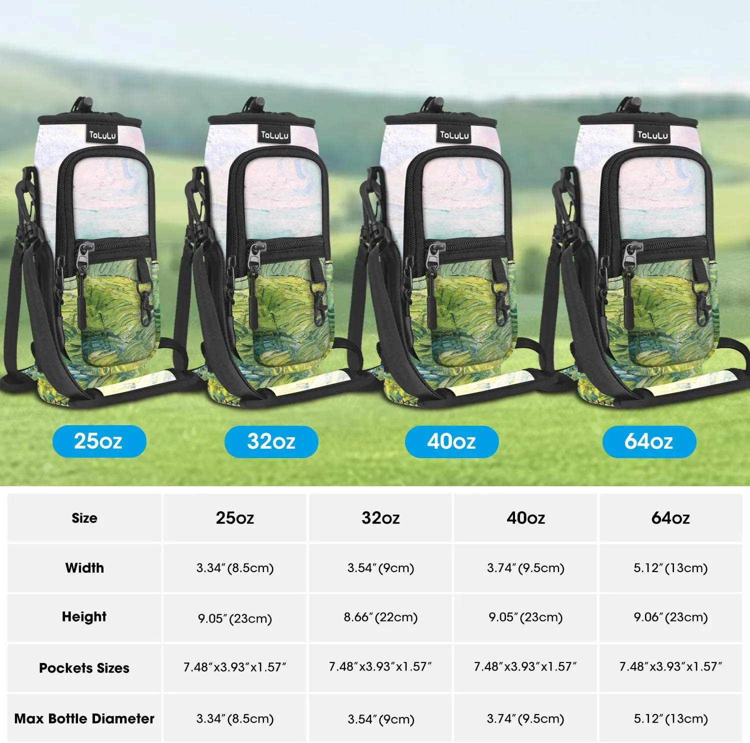 ToLuLu 25/32/40oz Water Bottle Carrier Bag Pocket,Insulated Neoprene Adjustable Shoulder Strap Water Bottle Pouch Case, Crossbody Water Bottle Holder Sling Sleeve for Men Women Adults