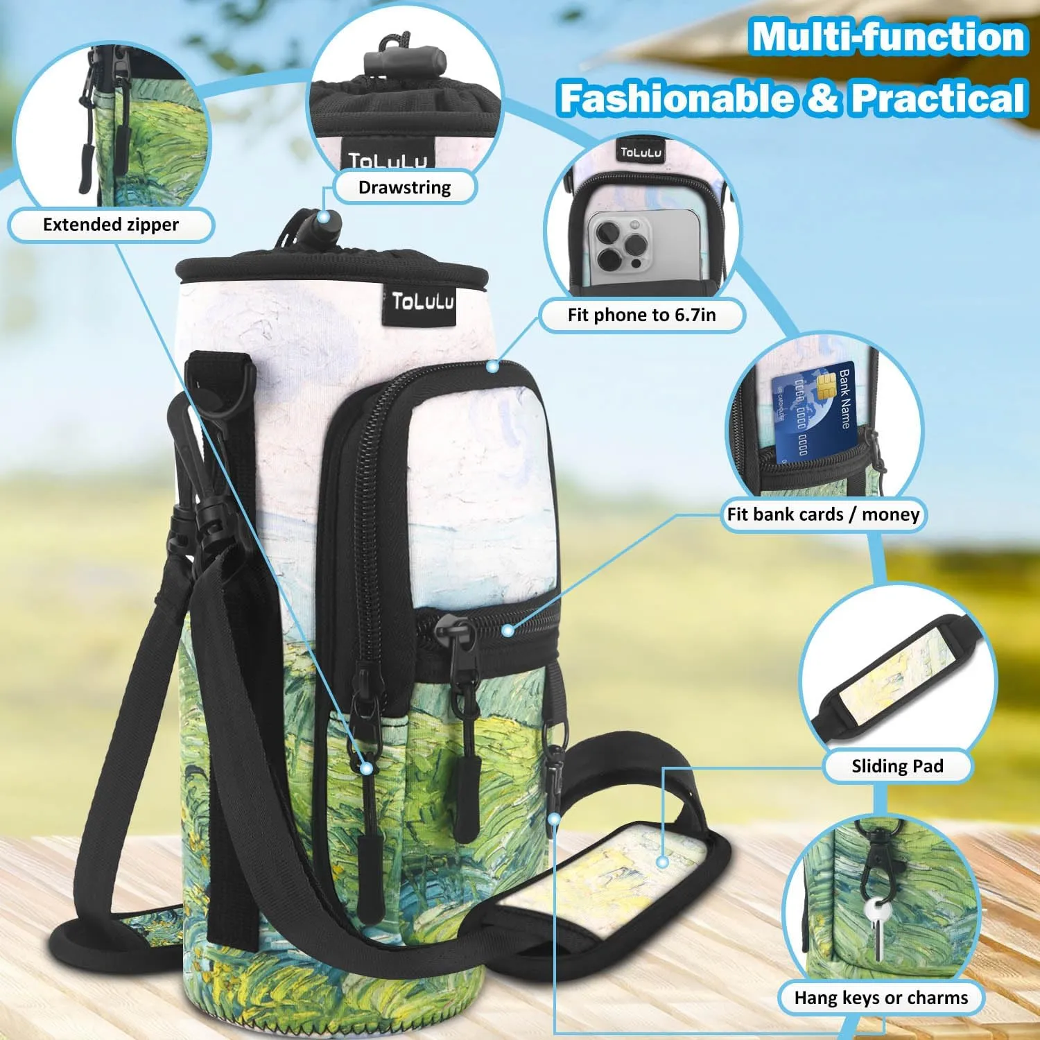 ToLuLu 25/32/40oz Water Bottle Carrier Bag Pocket,Insulated Neoprene Adjustable Shoulder Strap Water Bottle Pouch Case, Crossbody Water Bottle Holder Sling Sleeve for Men Women Adults