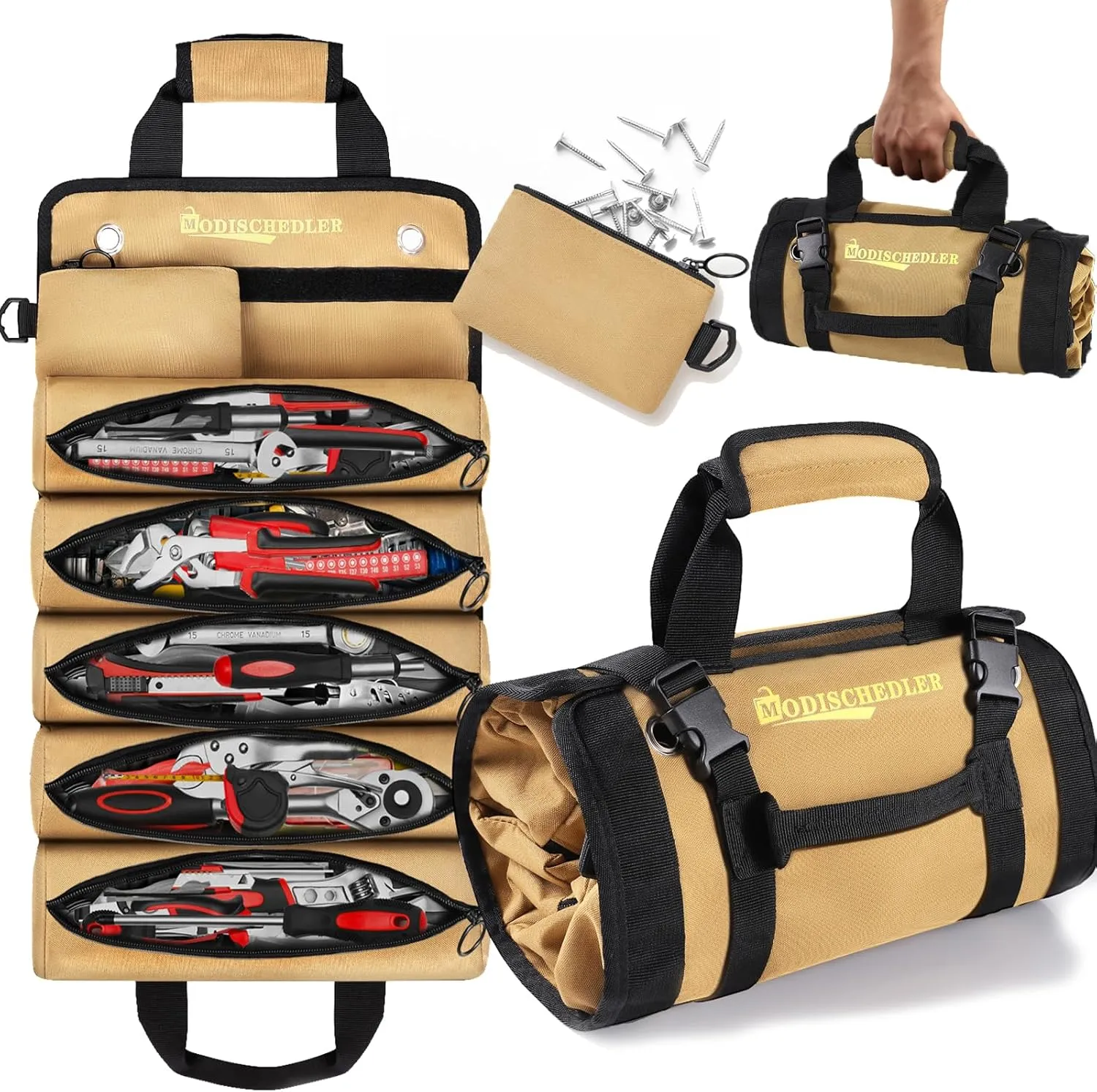 Tool Roll Bag, Expanded 5 Compartments and 2 Removable Tool Bags, Portable Tool Bag for Electricians and Mechanics, Compact Small Automotive Tool Bag, brown